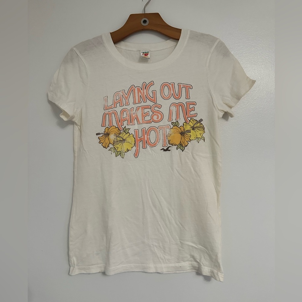 Hollister White Tee with Pink and Yellow Print